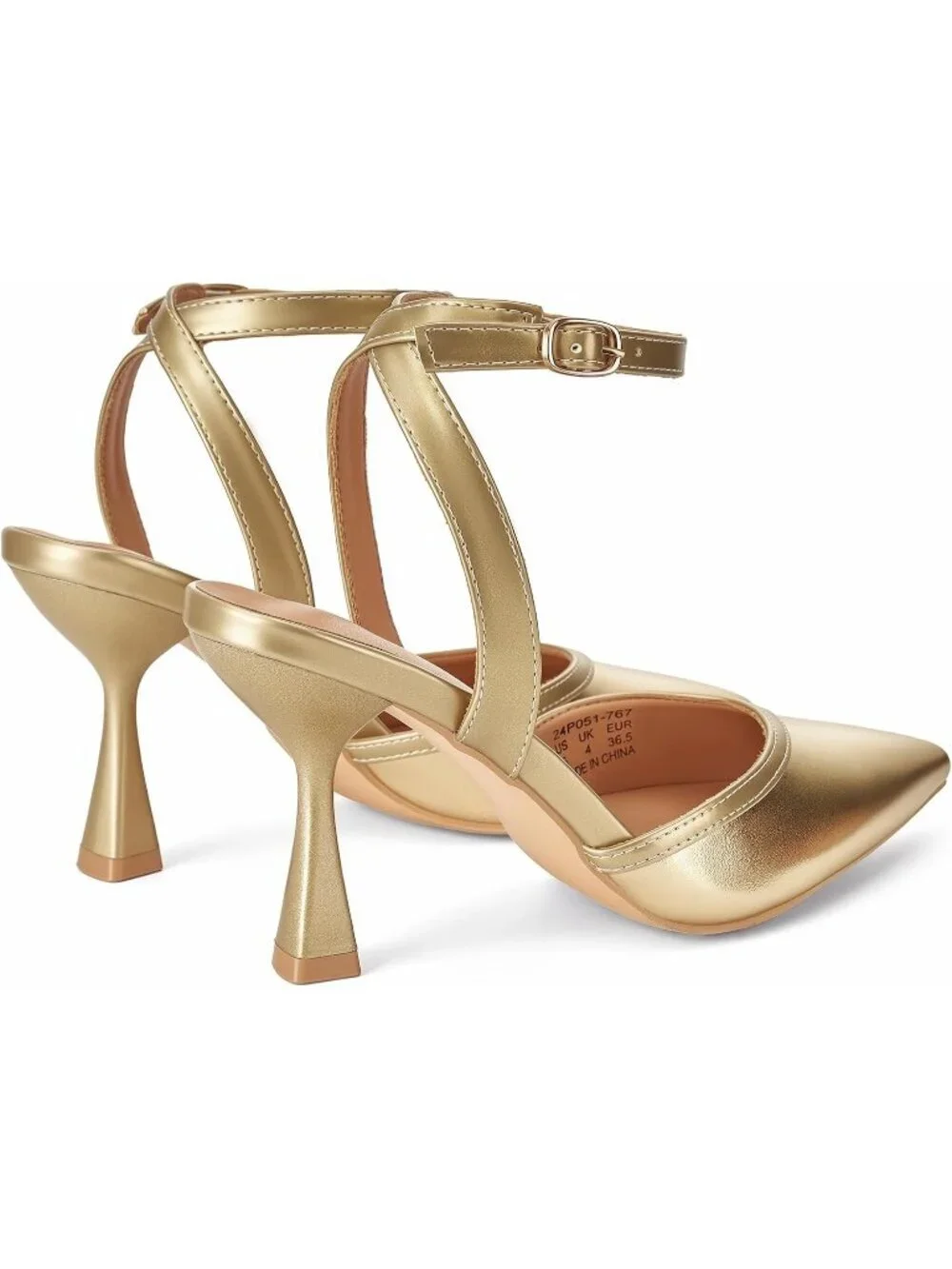 Women's Gold Pu Slingback Pointed Toe Stiletto Heels Ankle Strap Dress Shoes